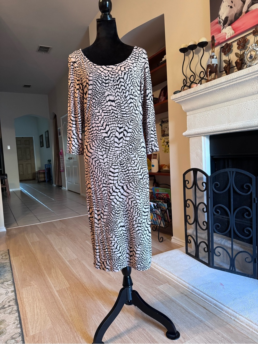 Scoop-Neck Printed Midi Dress in Black & White